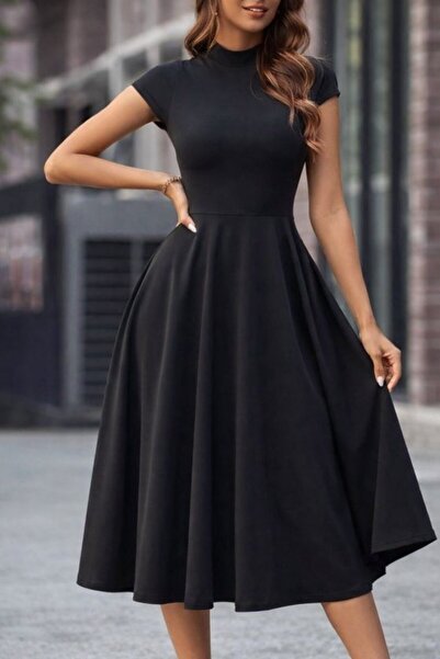 ALPACO Women's Short Half Moon Sleeve Semi Turtleneck Midi Janjan Crepe Dress