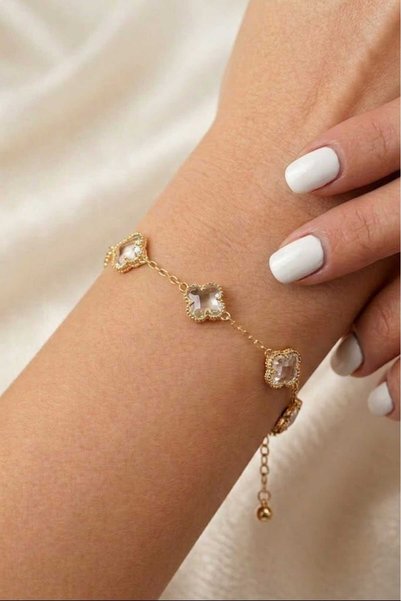 ÖZÇTAKI Steel Gold White Transparent Stone Clover Bracelet