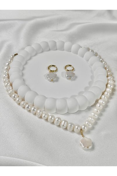 YOFİ HANDMADE JEWELRY Eternal Flower - Gerçek İnci Kararmaz Paslanmaz Çelik Kolye Ve Küpe Seti