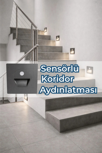 ENFE Sensörlü LED Koridor Aydınlatma 1W Sıva Altı Kare Füme Kasa 3000K Otomat...