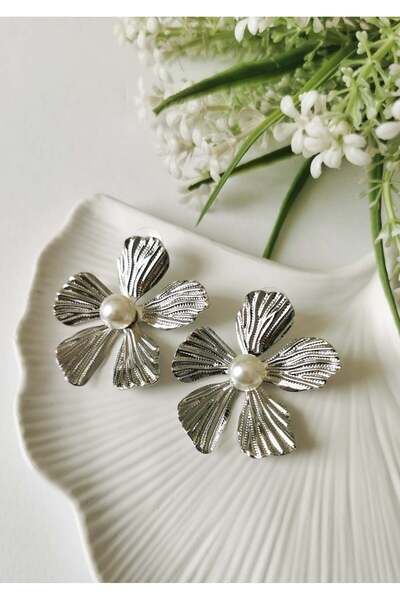 Halley Concept Pearl Detailed Flower Shaped Silver Steel Earrings – Stylish &...
