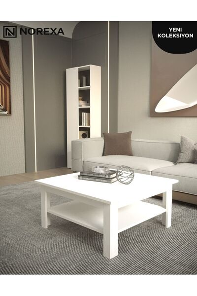 NOREXA Premium Geniş Modern Kare Orta Sehpa -Beyaz Salon Sehpası Lüks Tasarım