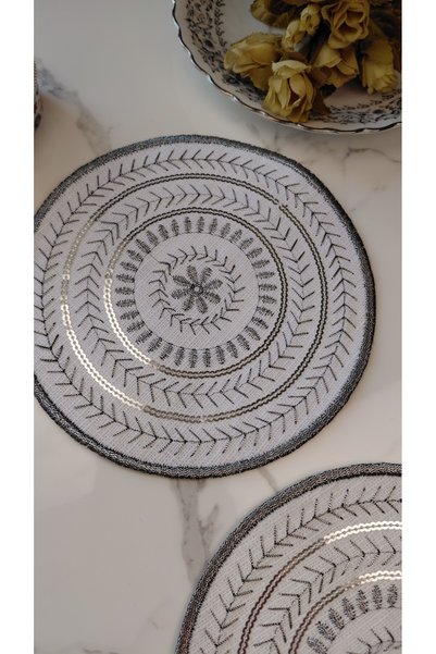 NESTURE Silver Sequin and Embroidered Linen Cocktail Presentation Napkins, Pack of 2 | Authentic Mandala Series Luna–Double Stamp
