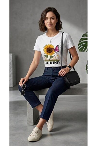 Oversize Tişört - "Be Kind" Ayçiçeği Kelebek Tasarım - %100 Pamuk