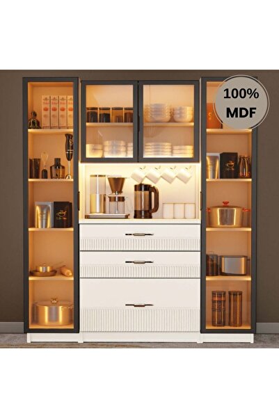 comiet Menekşe Mdf Kahve Köşesi Dolabı 4 kapak Çekmeceli Işıklı