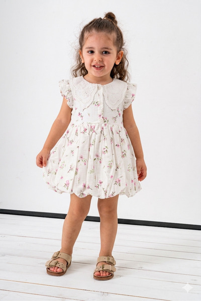 Jikko Baby Kız Çocuk Brode Yaka Detaylı Çiçek Baskılı Balon Etekli Elbise 3719