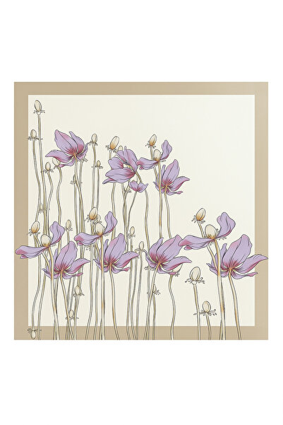 Triko Mısırlı Camel Ecru Floral Patterned Silk Scarf