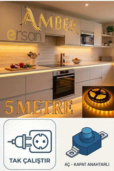 ERSANONLINE Mutfak Dolabı Tezgah Üstü İçin 5 Metre Amber Şerit Led Işık Adapt...