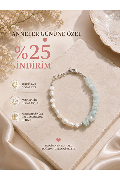 PORSE Sertifikalı Doğal İnci ve Aquamarın Kırık Taşlı Tasarım El Yapımı Bilek...