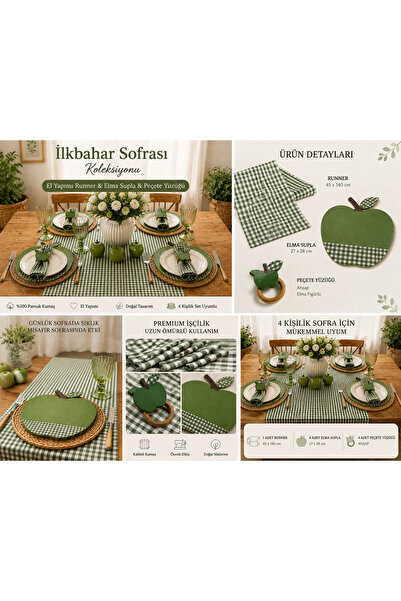 Sister Home Design Elma Supla & Ahşap Peçete Yüzüğü ve Yeşil Pötikare Runner ...