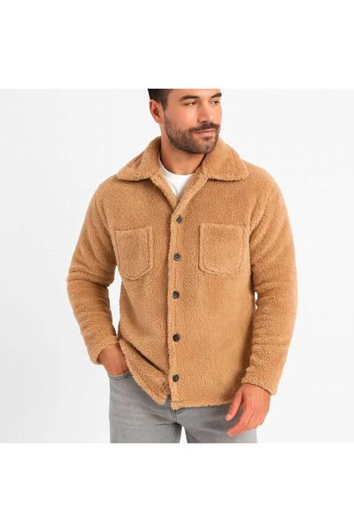 Generic Brand Men's Plush Fleece Cardigan Shirt with Collar, Buttoned Chest P...