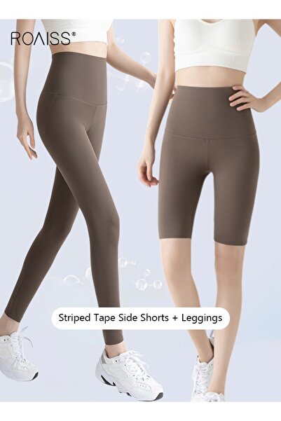 ROAISS 2 Pack Women Striped Sweatpants Fitted Leggings Cropped Shorts High El...