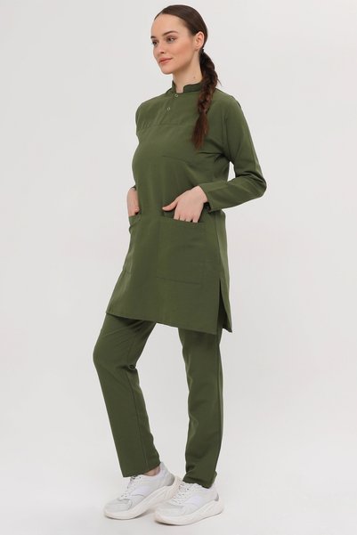 scrubso Nova Hakim Collar Tesettür Khaki Green Lycra-Free Thin Fabric Nurse Doctor Uniform Set