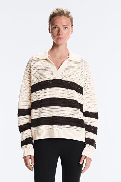 Oysho 100% cotton striped open knit long-sleeve polo shirt