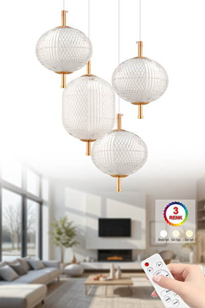 İstanbul Avize Baget 4'lü Gold 3 Renk Kumandalı Lüx Led Modern Ledli Avize