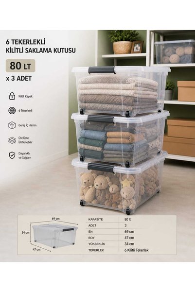 biedda 3 Adet 80 LT 6 Tekerlekli Kilitli Saklama Kutusu Şeffaf Mega Boy Plastik Organizer Kutu