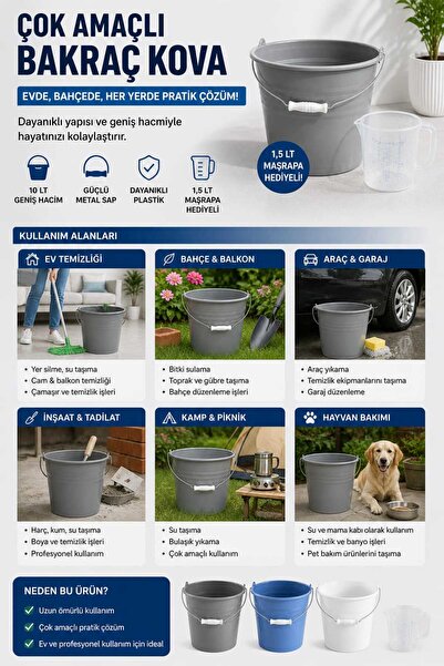 biedda 10 LT Antrasit-Gri Bakraç Kova Metal Saplı Plastik Kova 1,5 LT Maşrapa Hediyeli