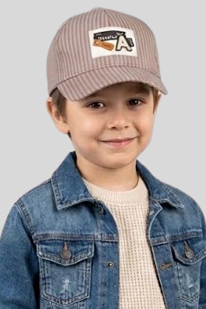 ww waka waka kids store قبعة مطرزة مخططة باللون البيج للأطفال - قبعة رياضية ب...