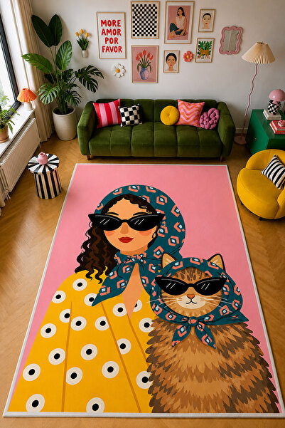 Mortapi İkonik Kedi ve Kadın Desenli Baskılı Kaymaz Yıkanabilir Salon Oturma ...