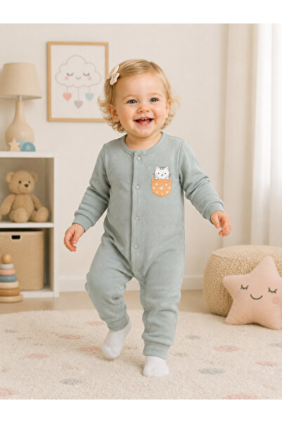 OUTLET Isyisunisex Baby Cat Printed Snap Fastener Long Sleeve Jumpsuit