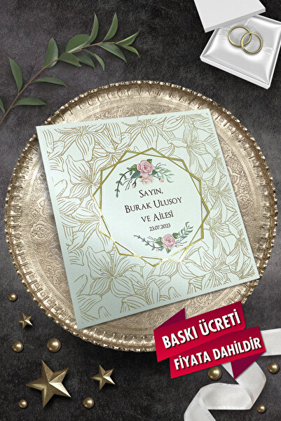 Cem Davetiye Düğün Nişan Nikah Kına Davetiyesi 9049 (100 ADET) Baskı Dahil