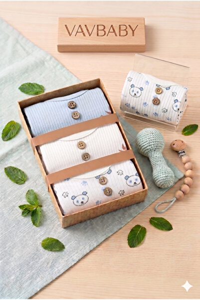 VaVbaby طقم بدلة أطفال بأكمام طويلة من 3 قطع بملمس طبيعي - نمط دب وبيبي بولو ...