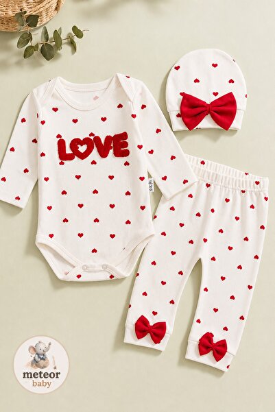 METEOR BABY Baby Girl 3-Piece Set Heart Patterned Bodysuit Top and Bottom Sea...