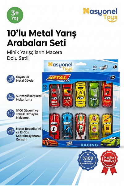 NASYONEL TOYS 10'lu Metal Yarış Arabaları Seti Çocuklar İçin Eğitici ve Kolek...