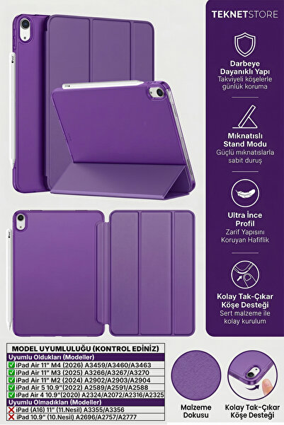 TEKNETSTORE iPad Air 11" M4 M3 M2 Uyumlu Kılıf Ultra İnce Standlı Akıllı Uyku...