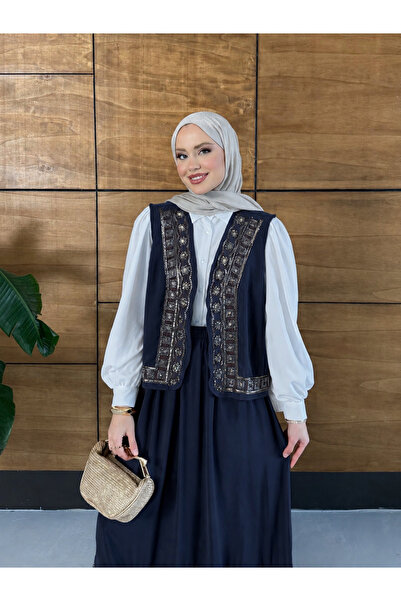 Miss Allos Women's Embroidered Linen Vest Skirt Two-Piece Set