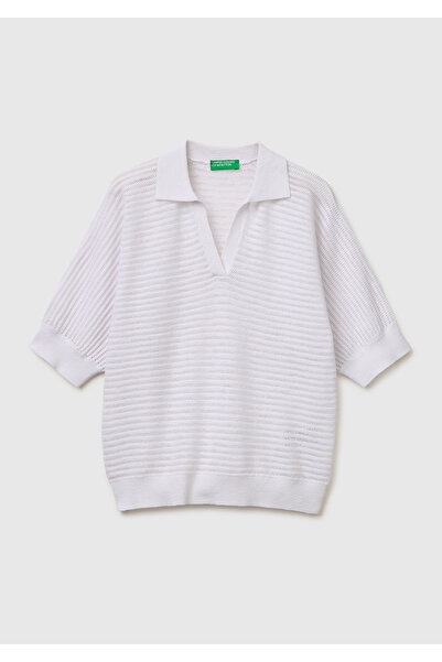 United Colors of Benetton Women's White Cotton Linen Blend Textured Polo Coll...