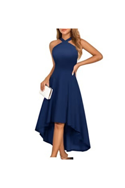 OEM Elegant Blue Summer Dress, Knee-Length, V-Neck, Hidden Back Zipper, XL