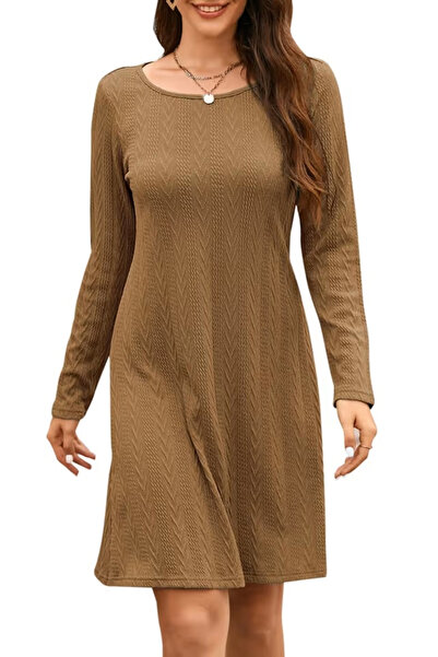 OEM Brown casual knitted dress for women, long sleeves, M