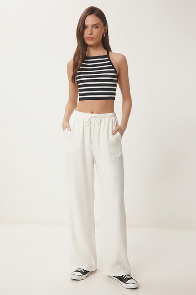 Lovelyİstanbul Wide Leg Summer Trousers with Pockets Lub0343 White