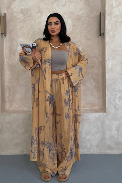 Nana & Mayka Moda طقم كيمونو نسائي منقوش بنقشة زهور الخردل - مجموعة أنيقة من ...