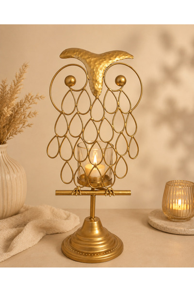 Atak Hediyelik Dekoratif Baykuş formunda Metal ayaklı mumluk antik gold 45 cm