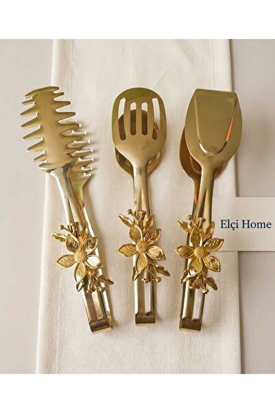 elciavmm Gold Servis Maşa Seti - Çiçek Detaylı Gold Servis Maşa Seti - Elçi Home