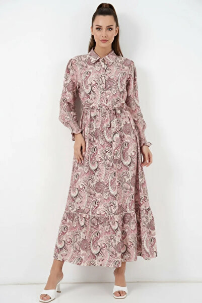 buğrahayalin Women's Shirt Collar Belted Floral Patterned Viscose Pink Hijab ...
