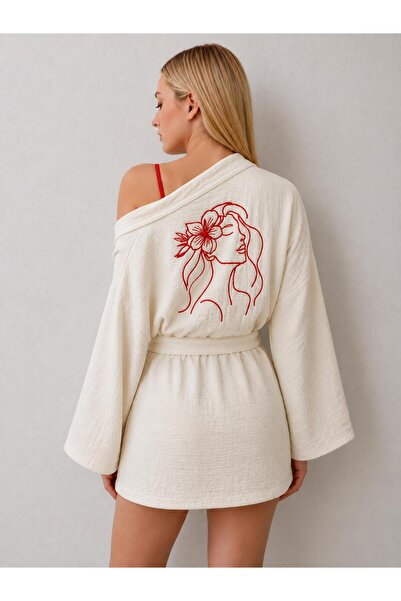 modekamoda %100 Pamuk Müslin Bornoz Kimono Çiçekli Kadın Nakışı İşlemiş
