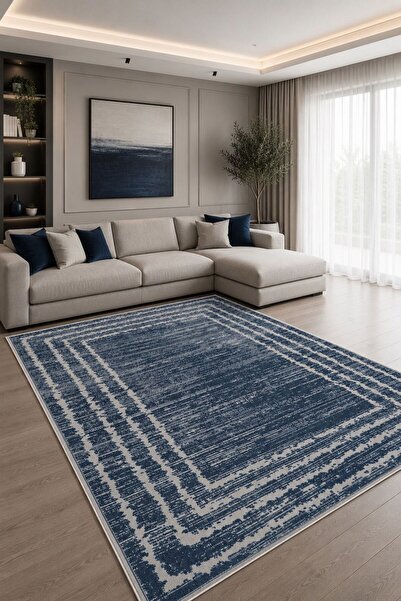 VOPTEKS Lacivert Halı Salon Halısı Makinede Yıkanabilir Kaymaz Taban Halı
