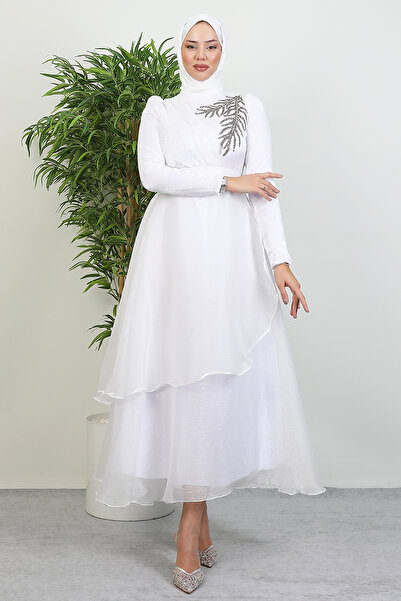 Lamia Giyim Taşlı Organze Abiye Beyaz