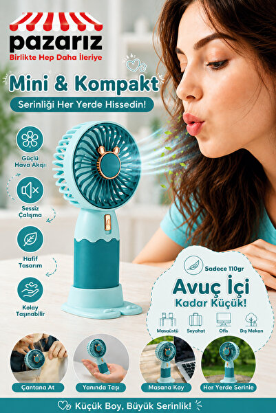 pazariz Mini Taşınabilir Fan Ayrılabilir Telefon Tutucu Özellikli Stand Sevim...