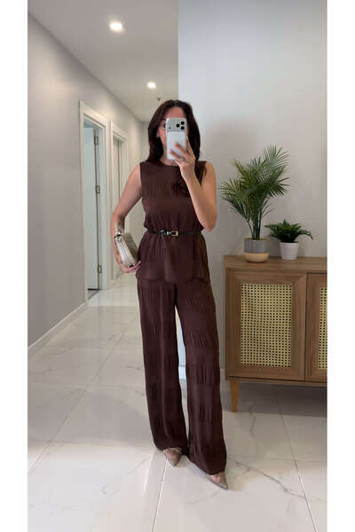 BİRCANÇİL Roswe Kahve Kemerli Kolsuz Bluz Pantolon Takım