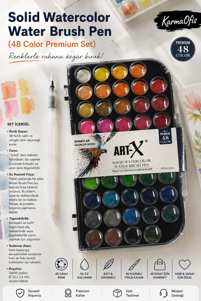 KarmaOfis ART-X 48 Renk Solid Suluboya Seti Su Hazneli Fırça Kalemli Profesyo...