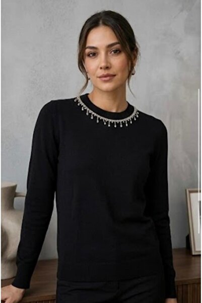 RECEP AYDIN Long Sleeve Crew Neck Sweater with Stone Detail
