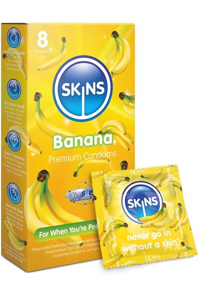Skins واقيات ذكرية بنكهة الموز - خالية من اللاتكس، ترطيب إضافي، ملمس رقيق (12...