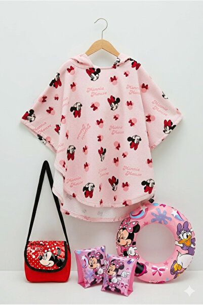 Minnie Mouse Kız Çocuk Panço Plaj Havlusu + Çantalı Can Simidi ve Yüzme Kollu...