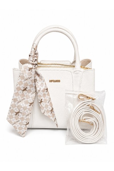 Tasarım Multi-Compartment Women's Hand and Shoulder Bag with Scarf Detail – White