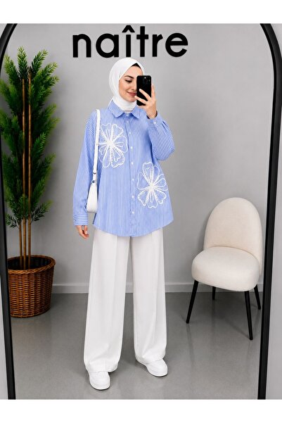 naitre Çiçek Nakış Detaylı Çizgili Oversize Kadın Gömlek