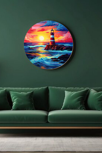 Lucena Lighthouse and Sunset Mdf Painting Colorful Seascape Wall Decor